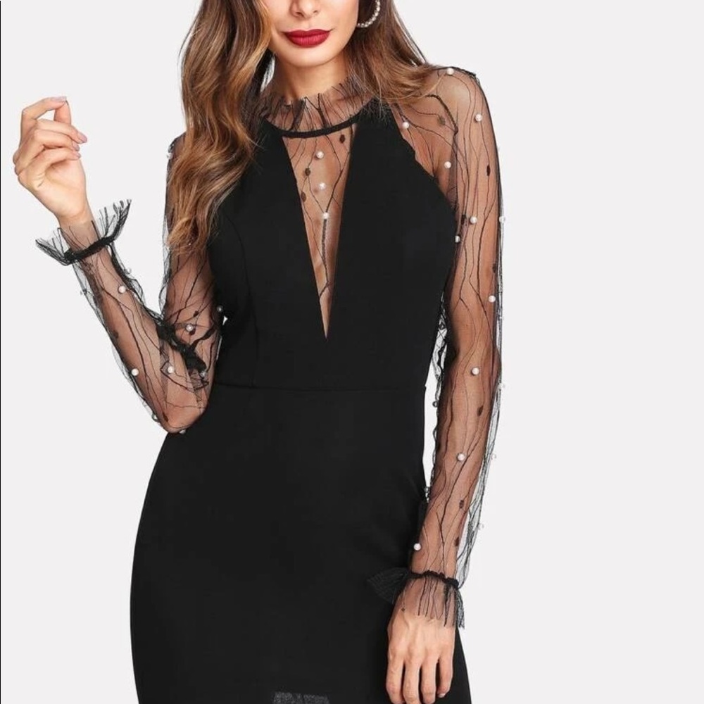 SHEIN Vine Mesh Panel Faux Pearl Scatted Dress